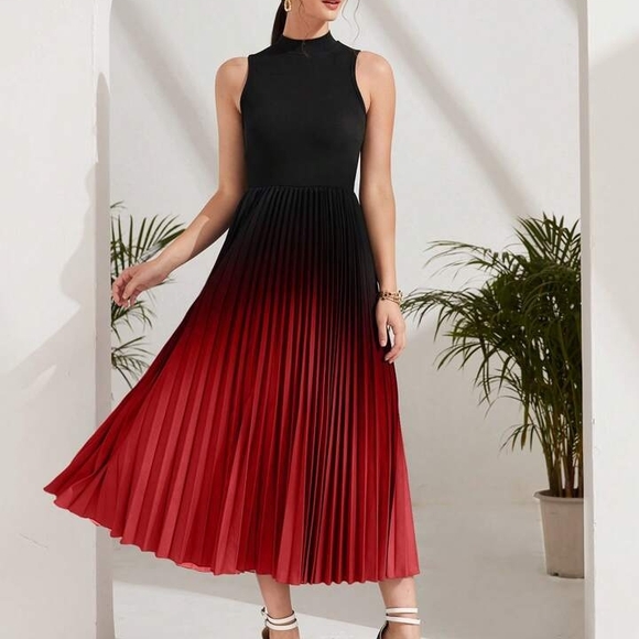 SHEIN | Dresses | Elegant Black And Red Pleated Dress | Poshmark